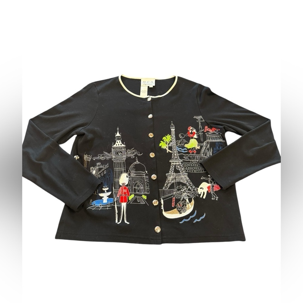 MCX Signature Black Embroidered Travel Cardigan S Paris London Europe Novelty